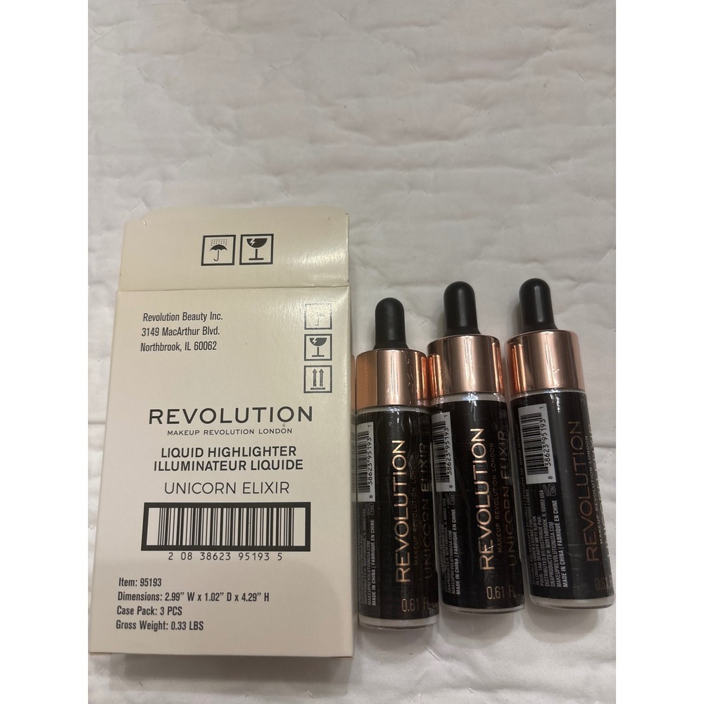 Makeup Revolution Liquid Highlighter Unicorn Elixir 3 Pack 0.61oz New Boxed